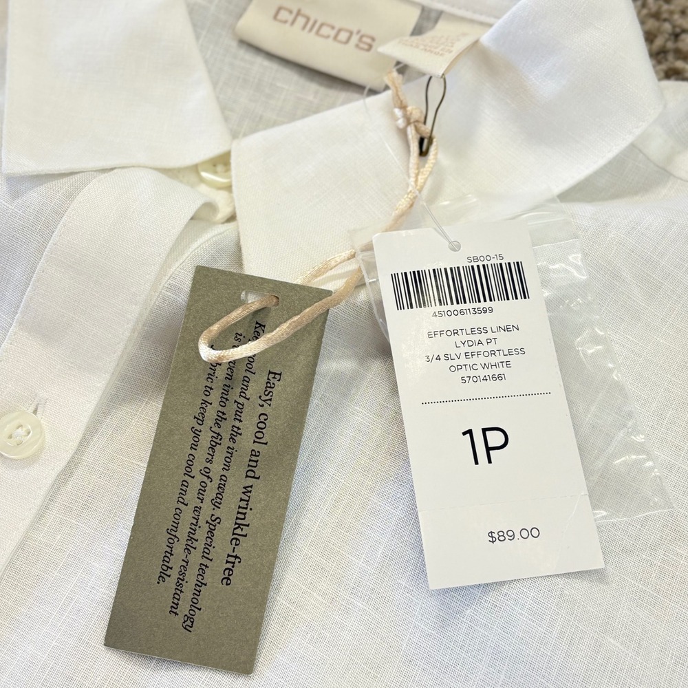 Chico's Linen Shirt Womens 1P M/8 White Lydia No Iron Tie Front Classic NWT - Picture 9 of 13